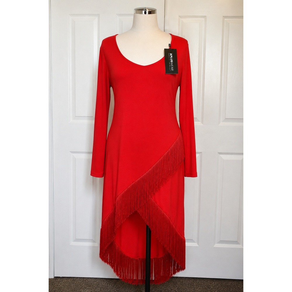 Red Fringe Asymmetrical Midi Dress Long Sleeve Scoop Neck XL NWT XPLUSWEAR